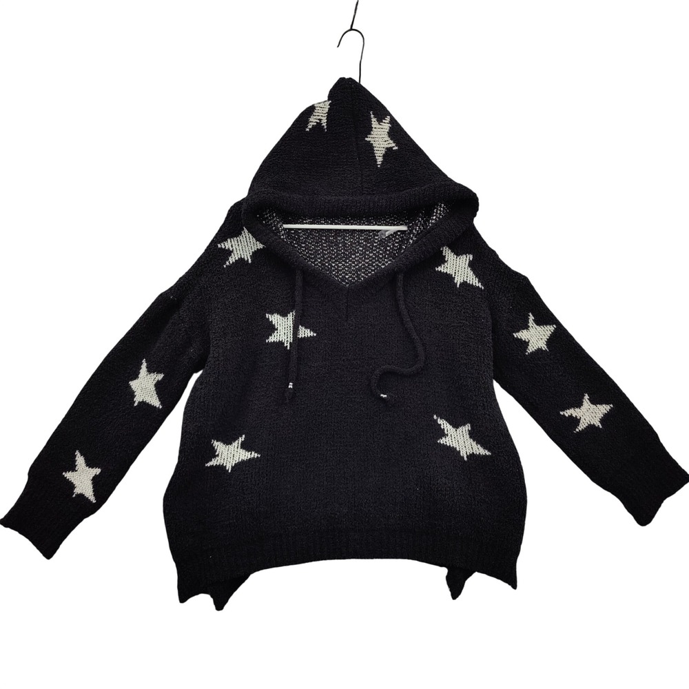 POL Womens Whimsigoth Celestial Star Fuzzy Eyelash Knit Hoodie M Black Soft Cozy